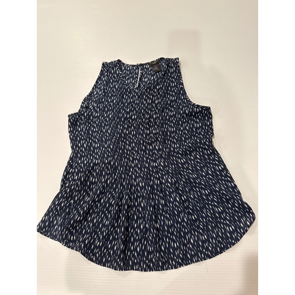 Ann Taylor Sleeveless Blouse Top Navy Blue White Print Casual Career